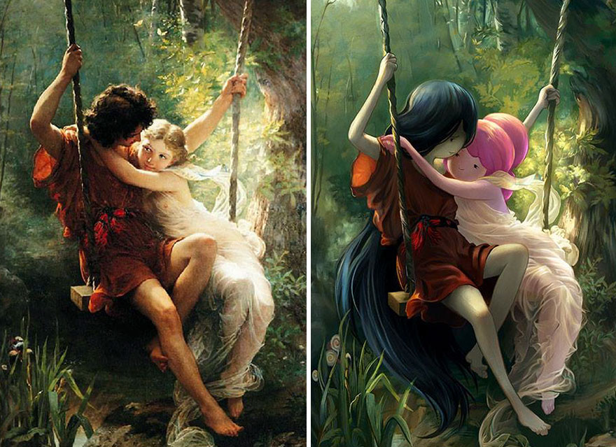 卡通人物亂入古典名畫 撐陽(yáng)傘女人變成龍貓（組圖）